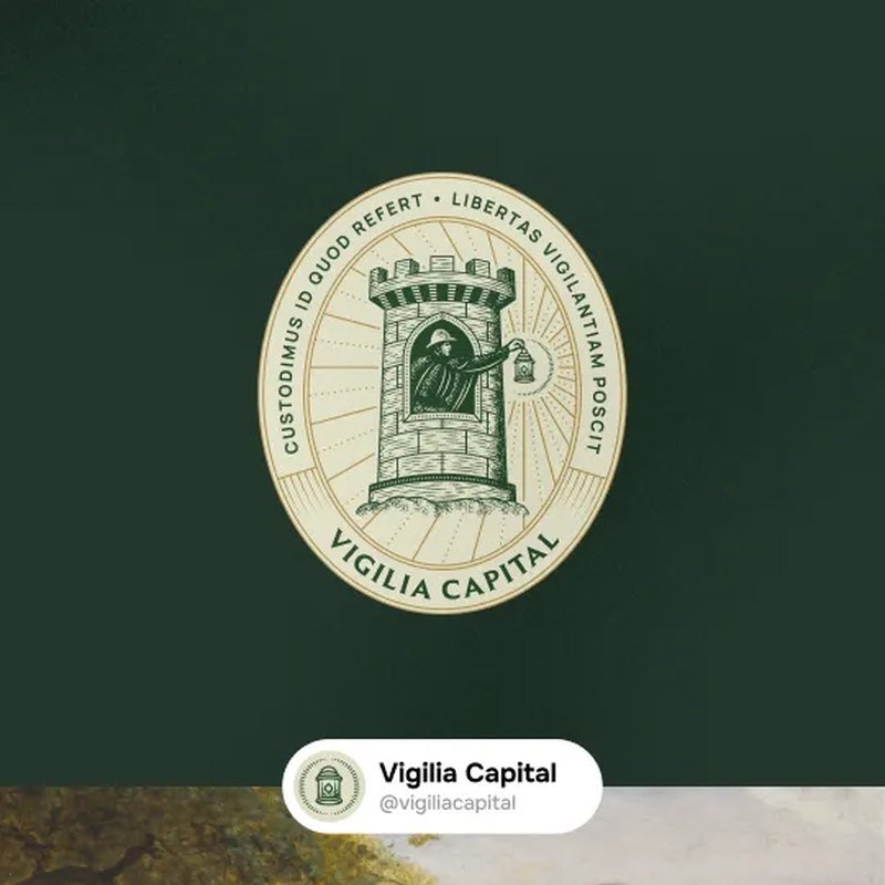 Capa do manual de marca da Vigilia Capital: selo com a torre e o vigia sobre verde-escuro
